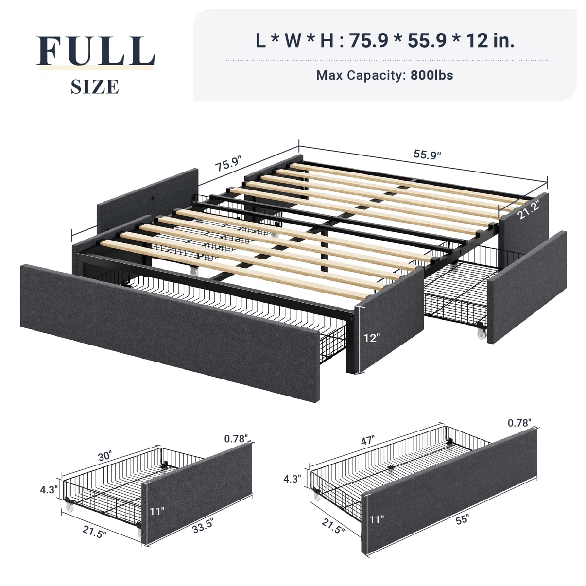 Allewie Full Size Platform Bed Frame with 3 Storage Drawers - photo 2