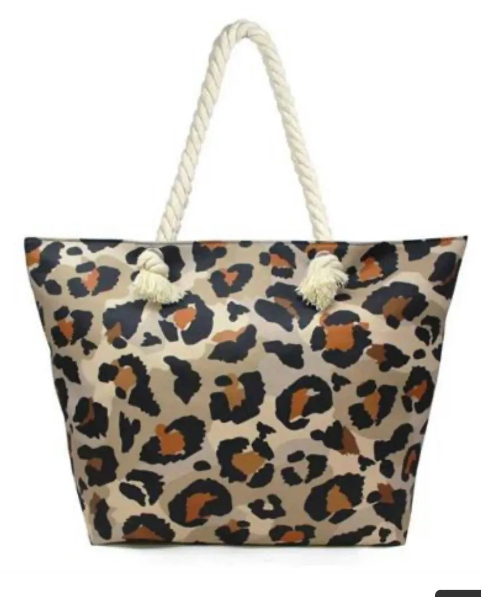NEW 21.6" Canvas Leopard Printed Beach Bag with Handle, Brown