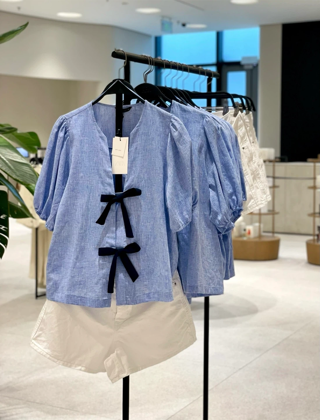 Cute Blue Linen Blend Puff Sleeve Top with Bows