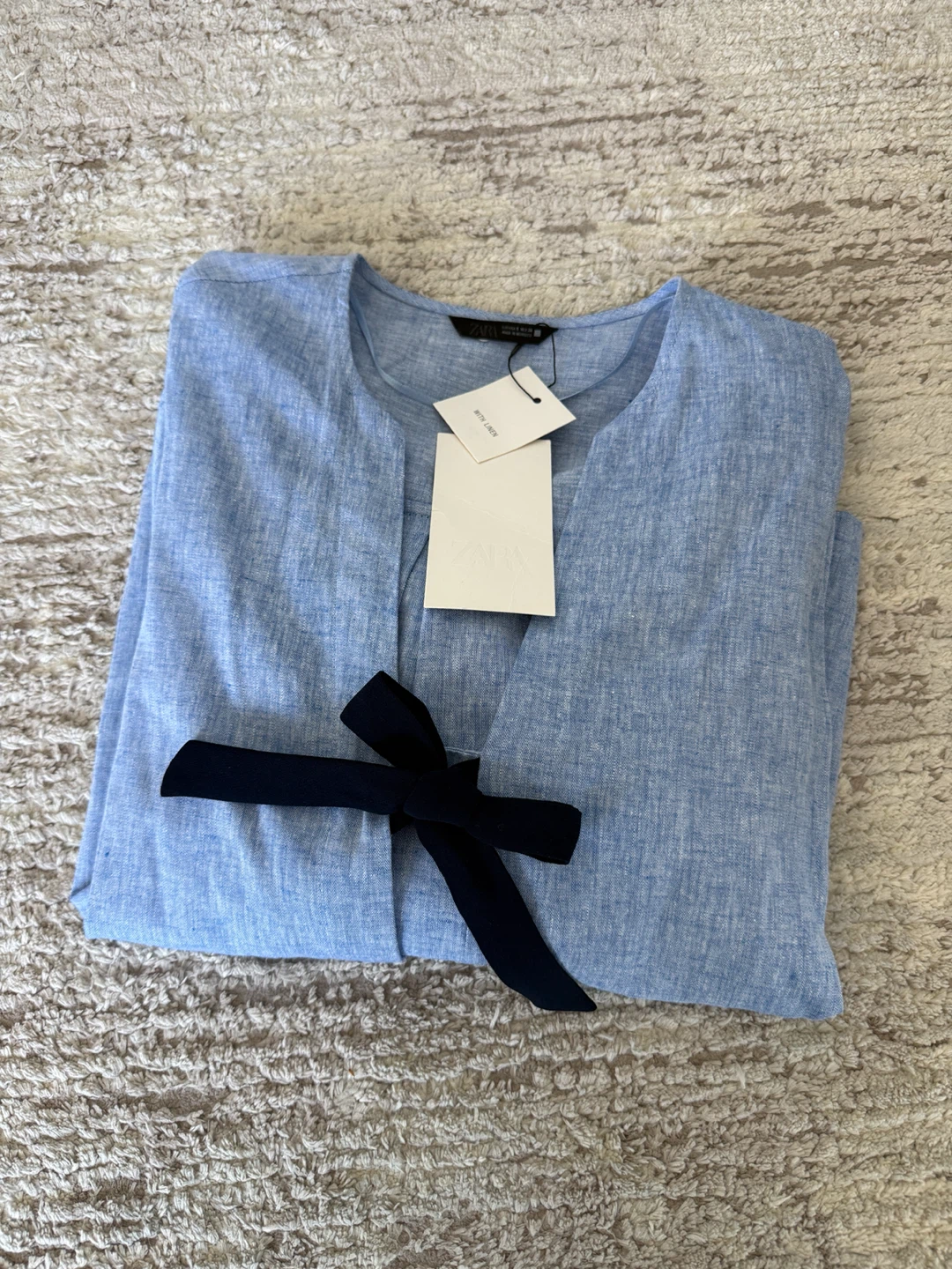 Cute Blue Linen Blend Puff Sleeve Top with Bows - photo 2