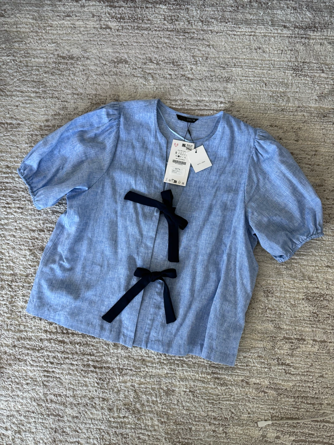 Cute Blue Linen Blend Puff Sleeve Top with Bows - photo 3