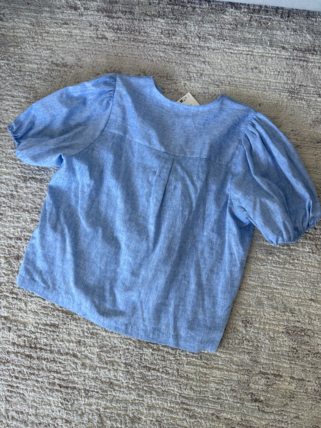Cute Blue Linen Blend Puff Sleeve Top with Bows - photo 4
