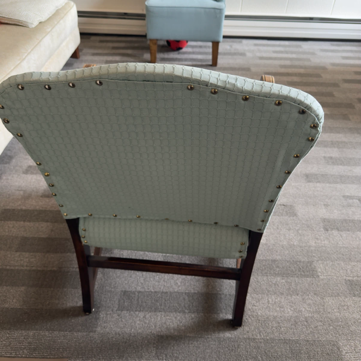 2 Armchairs with light blue textured upholstery and wooden arms - photo 4