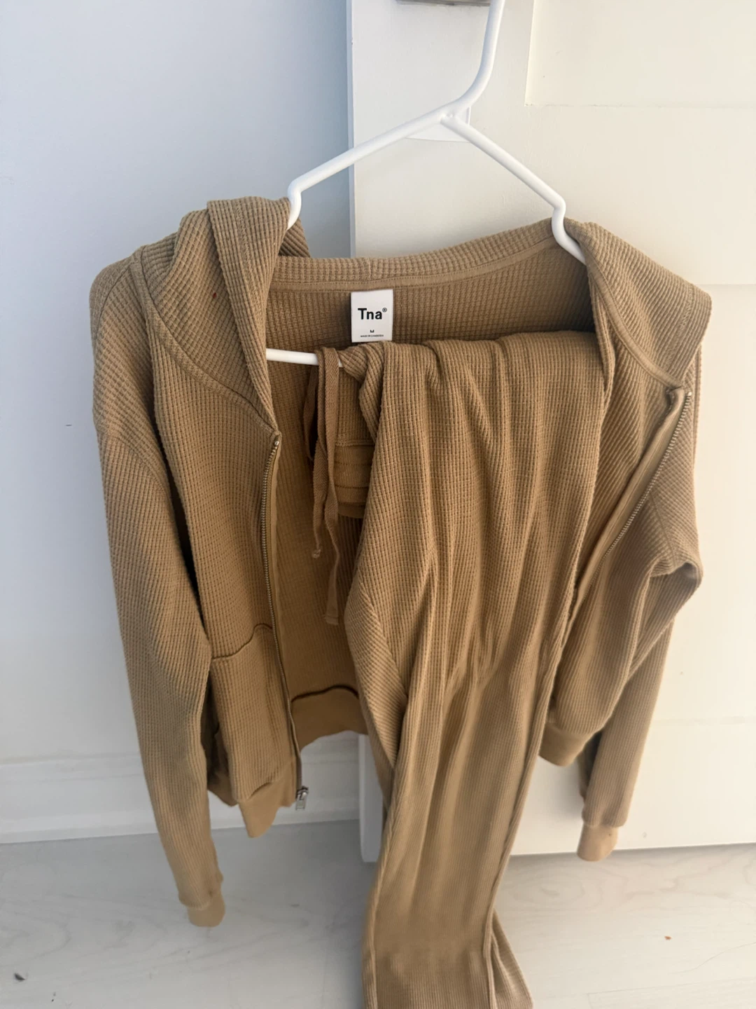 Aritzia Tna Waffle Knit Hoodie and Joggers Set - Tan - Size M