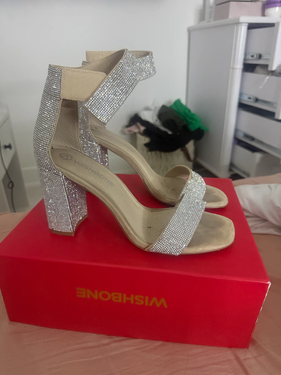 Wishbone Rhinestone Block Heel 9