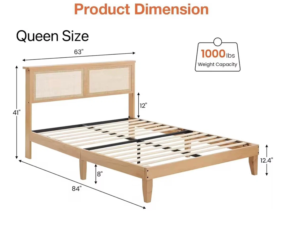 Queen Size Natural Rattan Headboard Bed Frame - photo 2