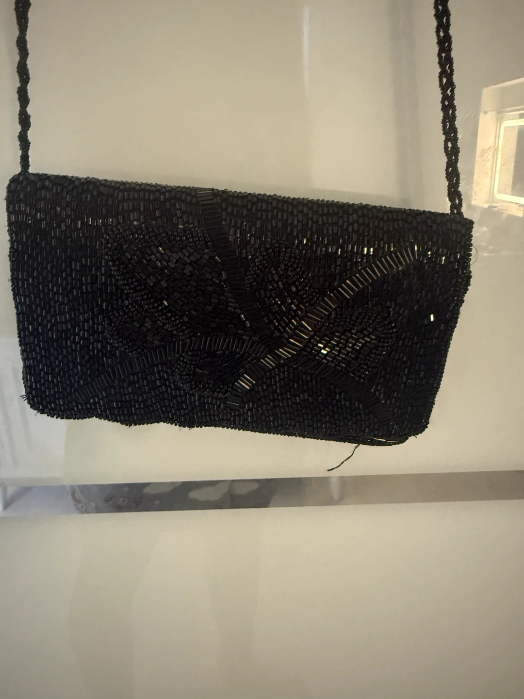 Black Beaded Clutch Purse with Shoulder Strap