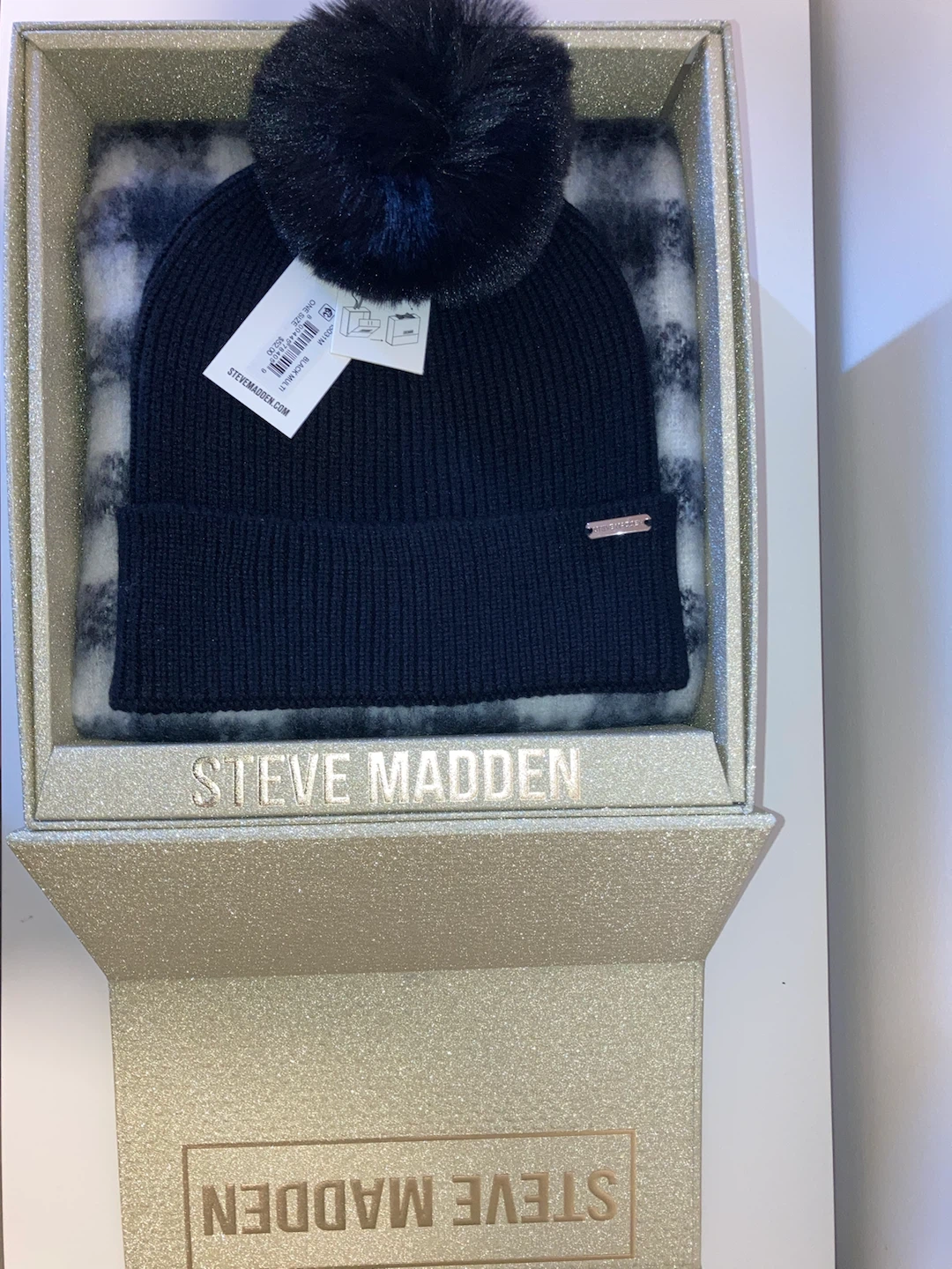 Steve Madden Black Beanie & Scarf Set with Pom Pom