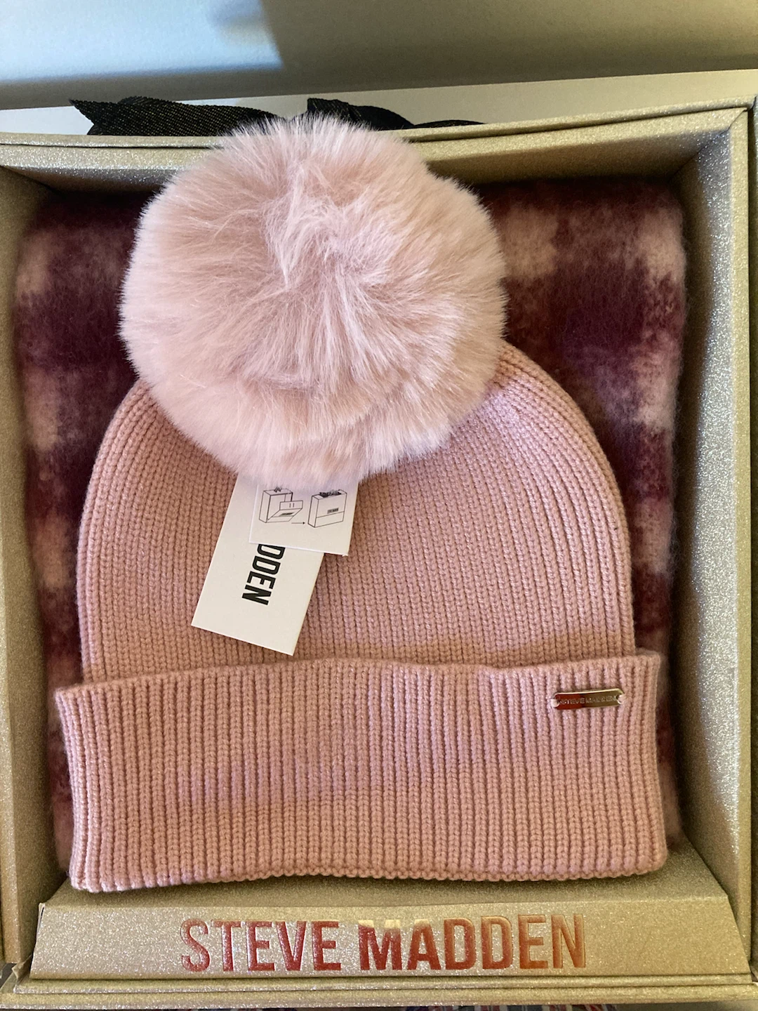 Steve Madden Pink Pom Beanie and Scarf Set