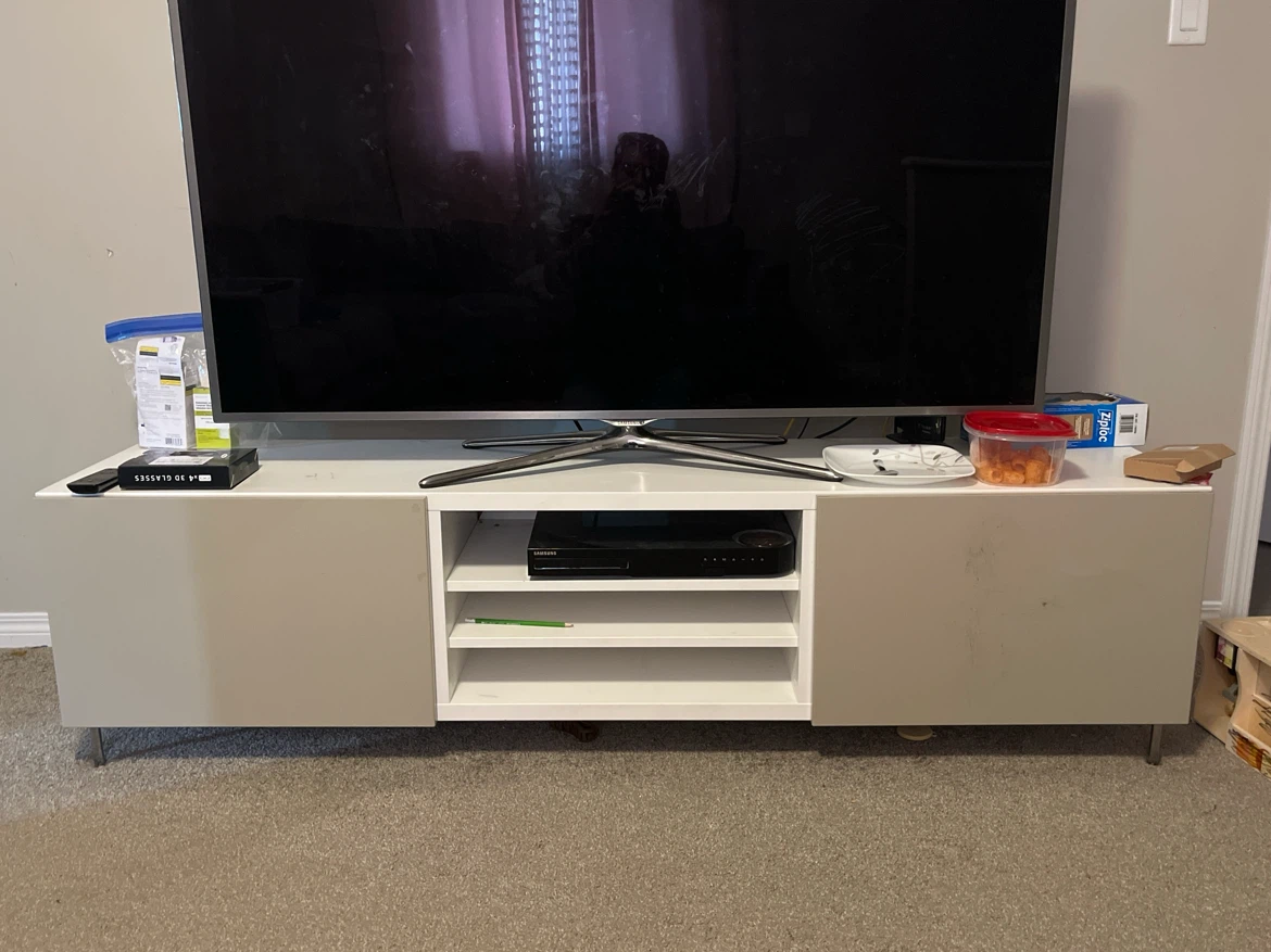 White and beige TV stand with storage