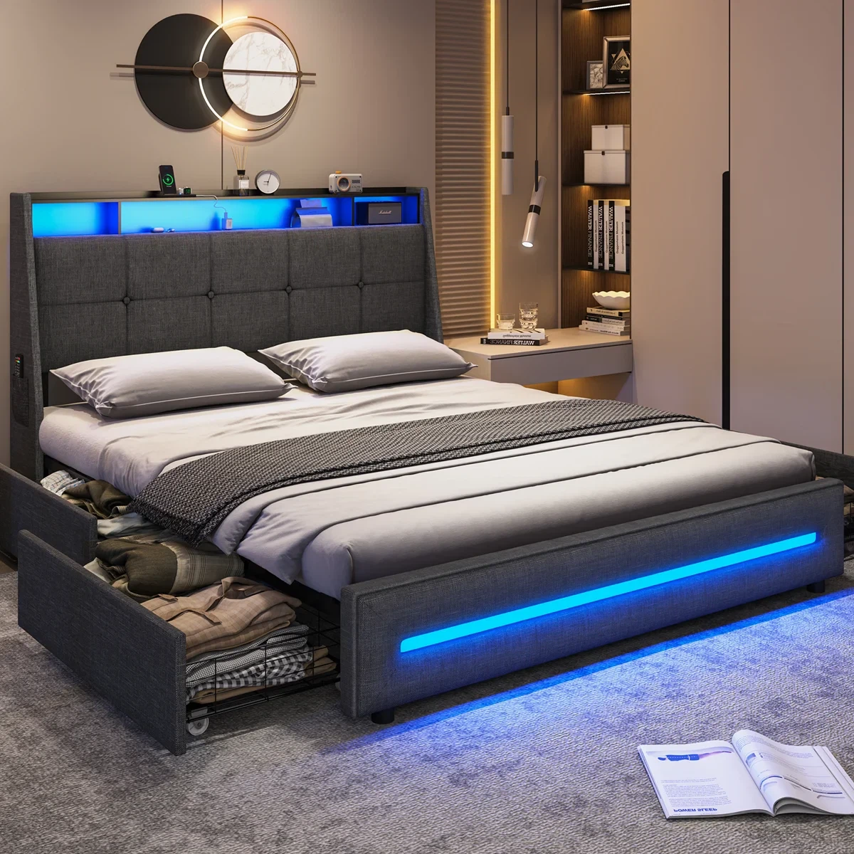 Double LED upholstered bed structure with storage