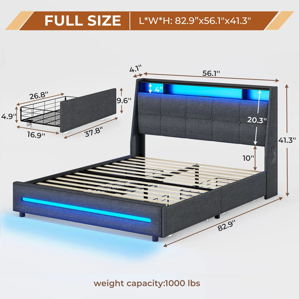 Double LED upholstered bed structure with storage - photo 2