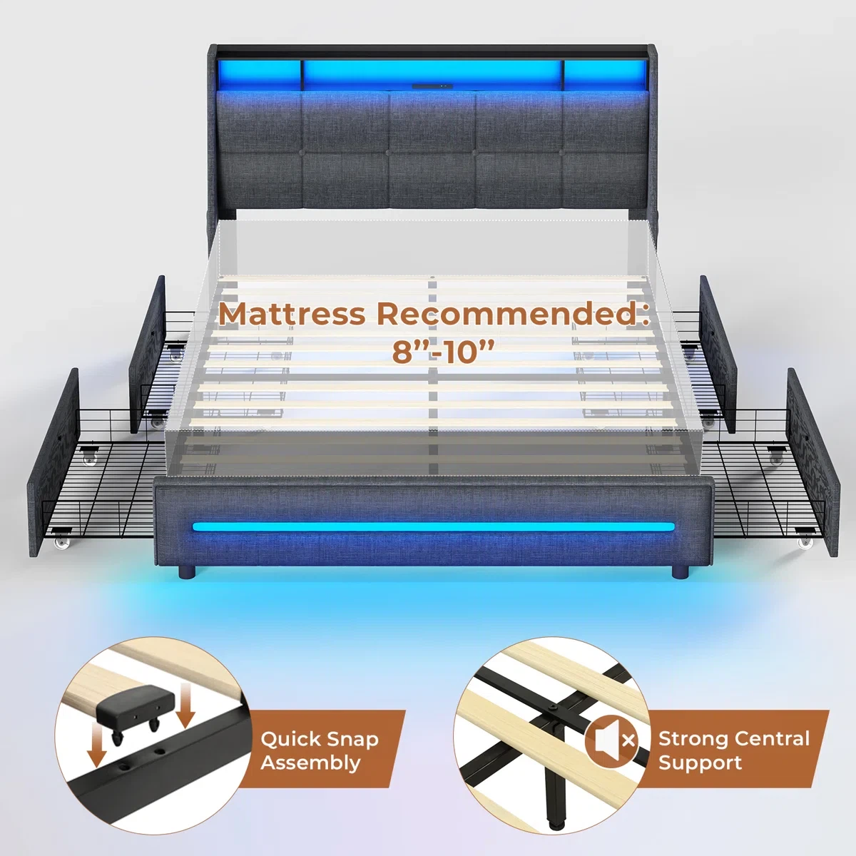 Double LED upholstered bed structure with storage - photo 5