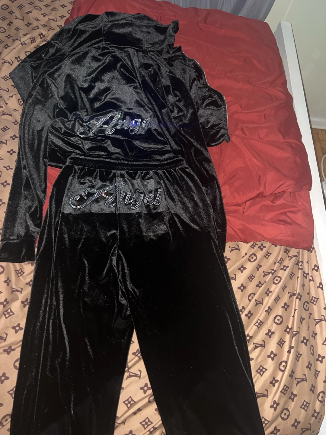Velour Tracksuit Set Black "Angel" Embellished