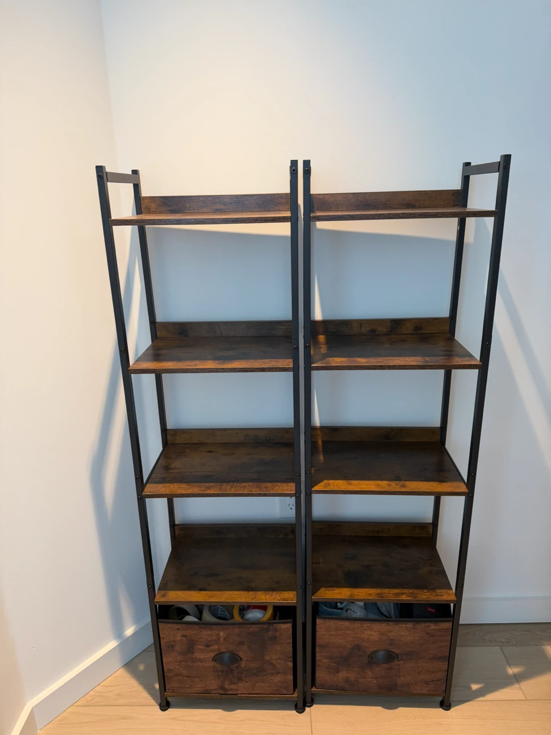 Industrial Style Bookshelf with Fabric Drawers