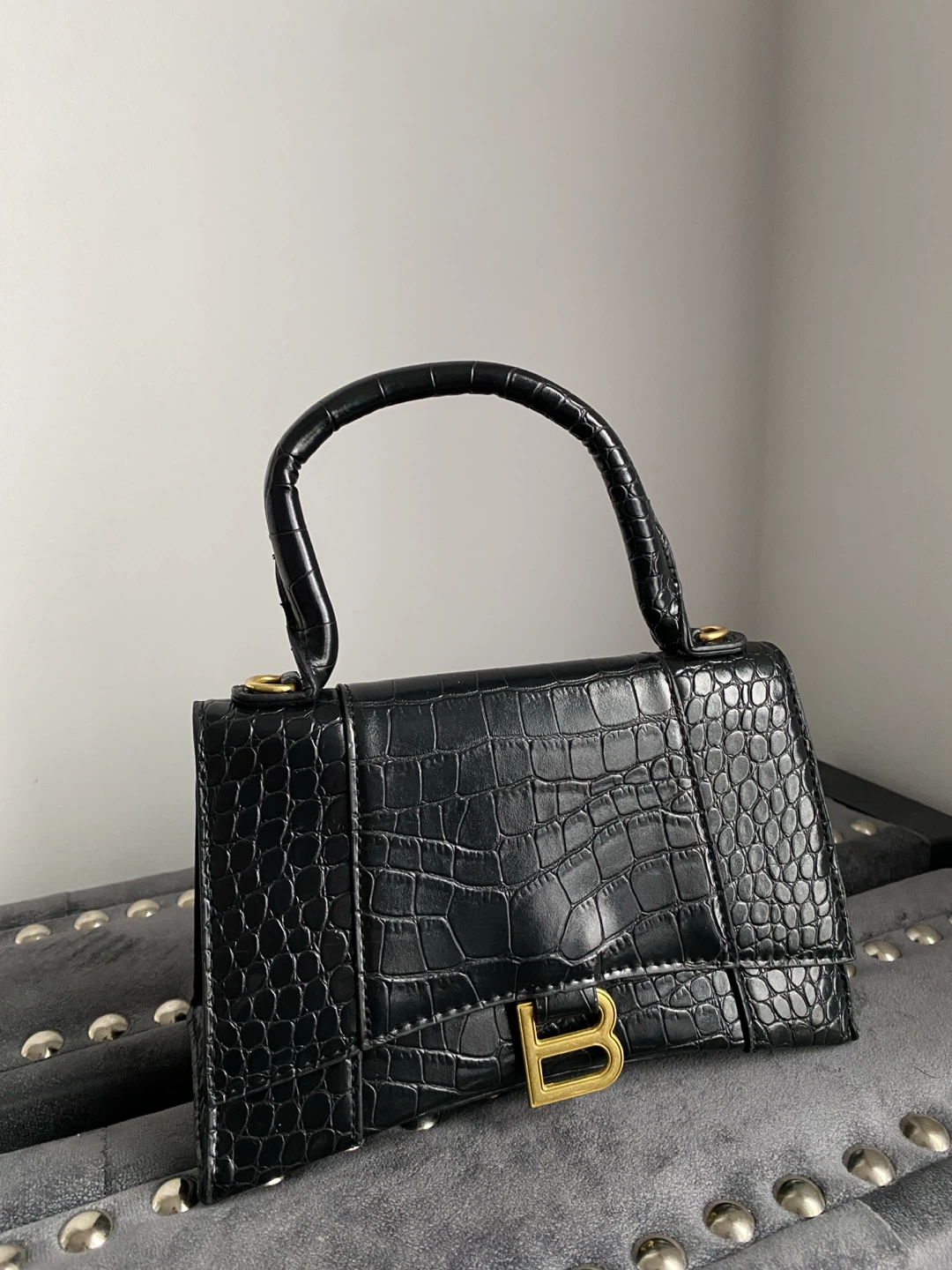 Black Croc-Embossed Top Handle Bag