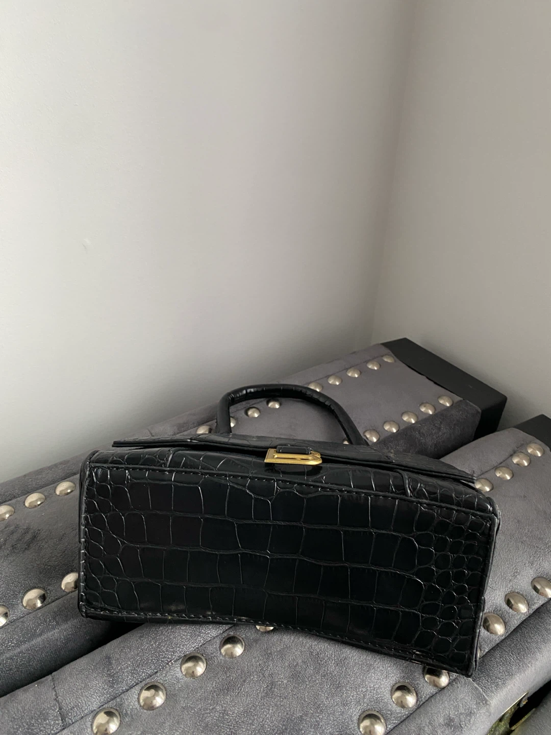 Black Croc-Embossed Top Handle Bag - photo 2