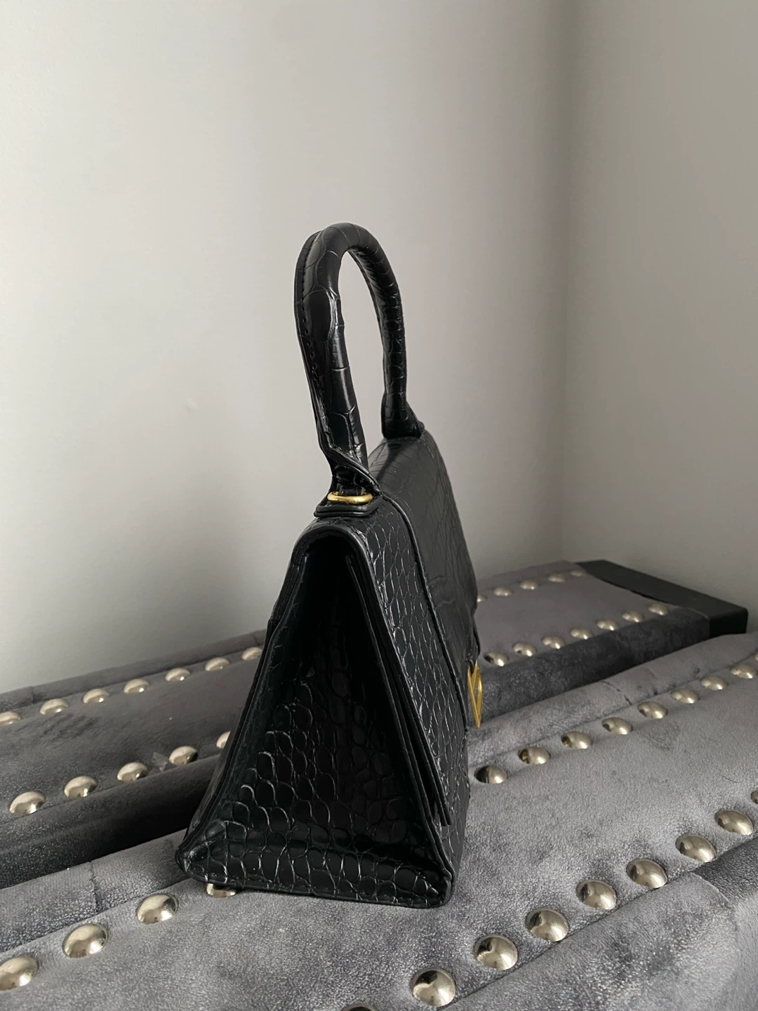 Black Croc-Embossed Top Handle Bag - photo 3