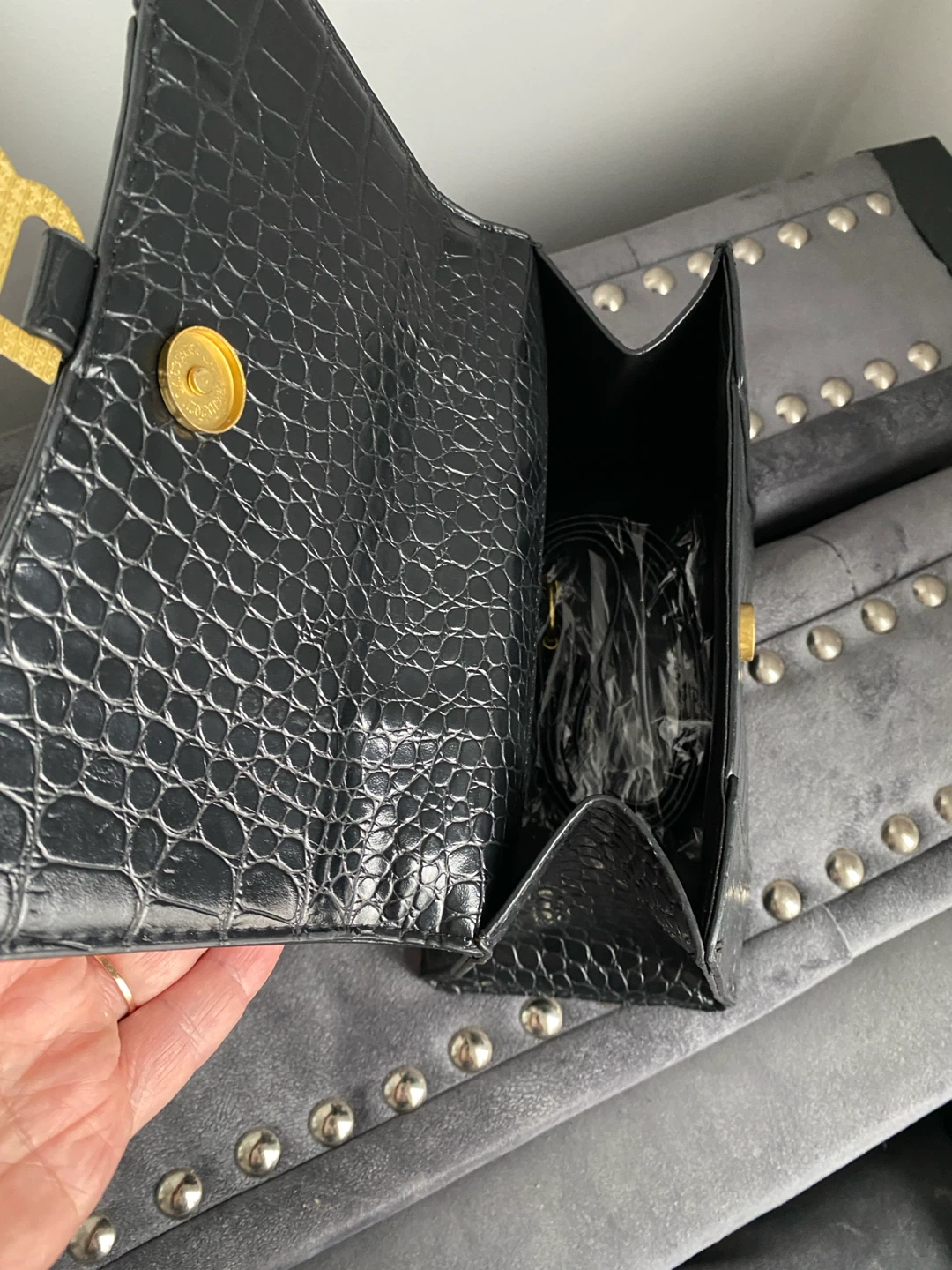 Black Croc-Embossed Top Handle Bag - photo 4