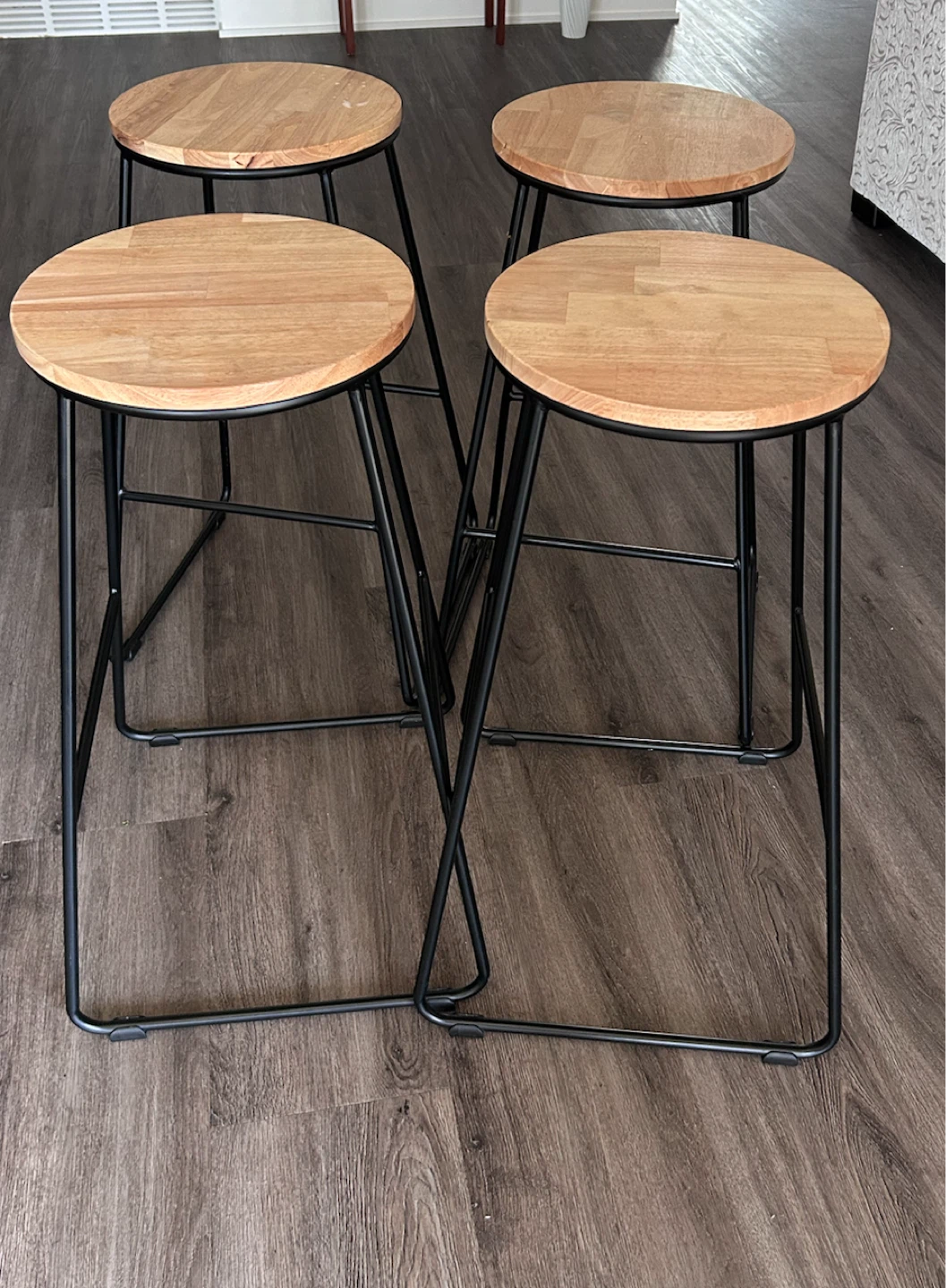 Set of 4 Modern Bar Stools - Wood Seat & Black Metal Frame