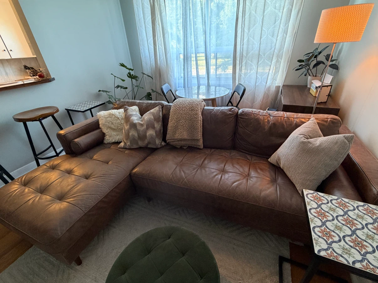mid-century modern left-facing 100% leather sectional sofa