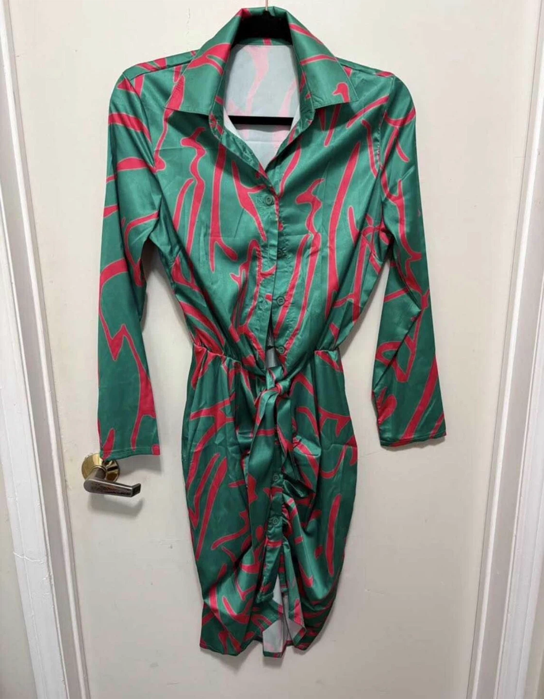 CHICME Women's Green and Pink Patterned Shirt Dress Size S