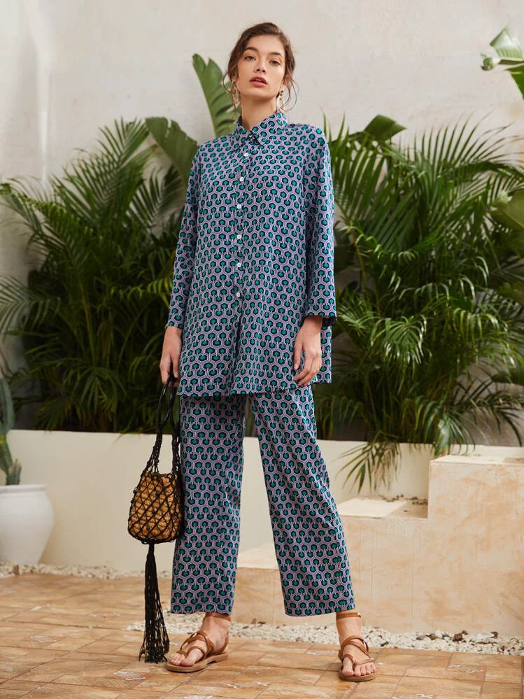 Geometric Print Button-Up Blouse and Pants Set