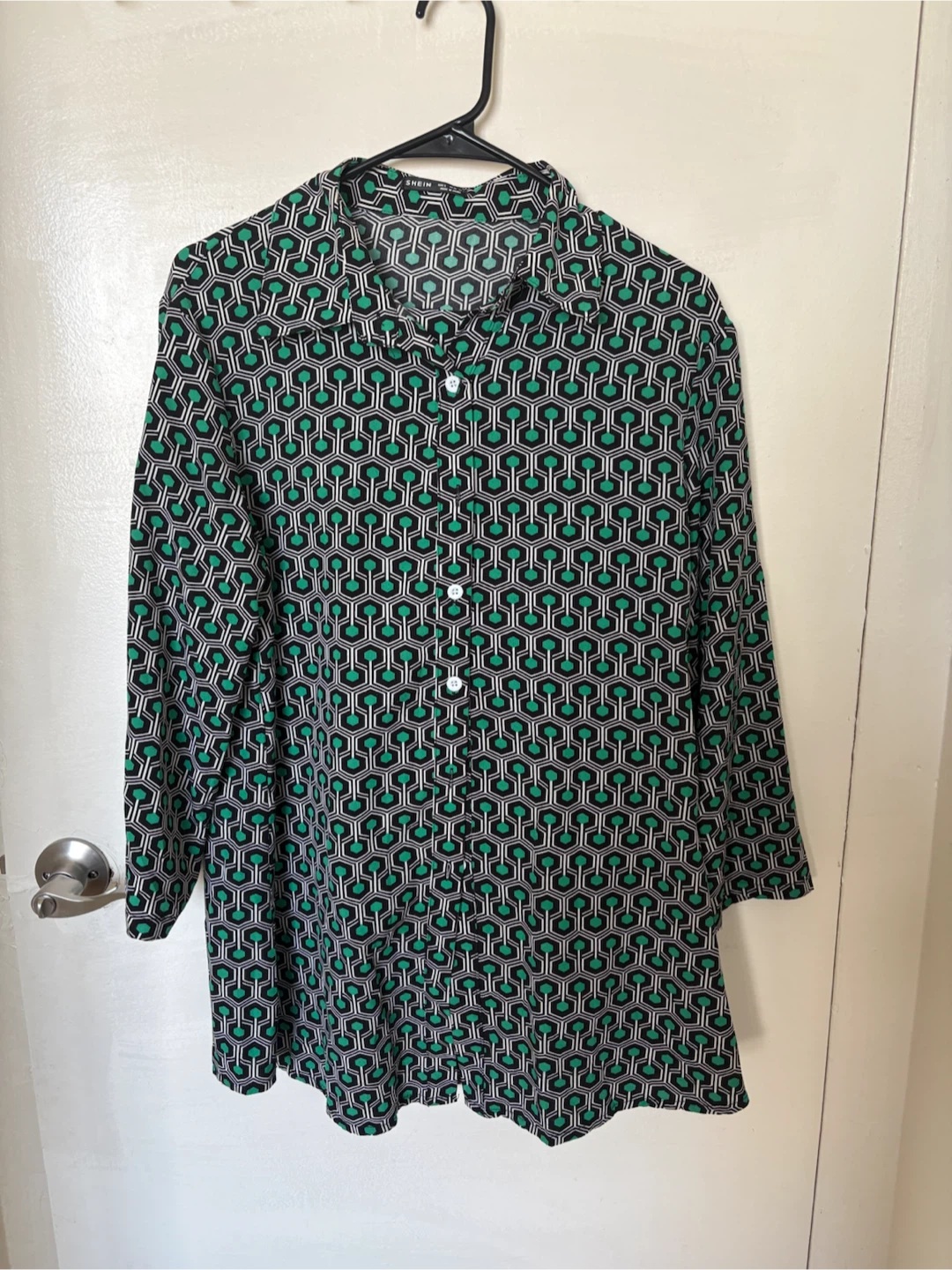Geometric Print Button-Up Blouse and Pants Set - photo 2