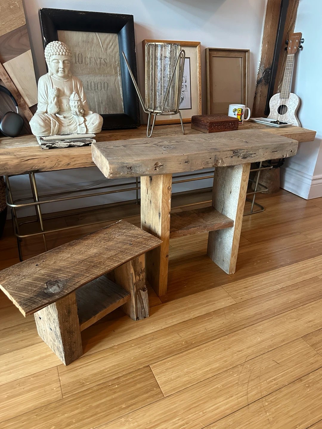 2 SMALL VINTAGE RECLAIMED WOOD WABI SABI COFFEE PLANT TABLES