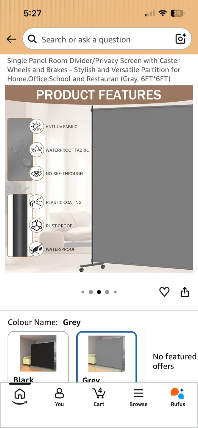Grey Single Panel Room Divider/Privacy Screen with Casters