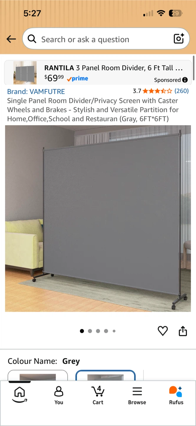 Grey Single Panel Room Divider/Privacy Screen with Casters - photo 3