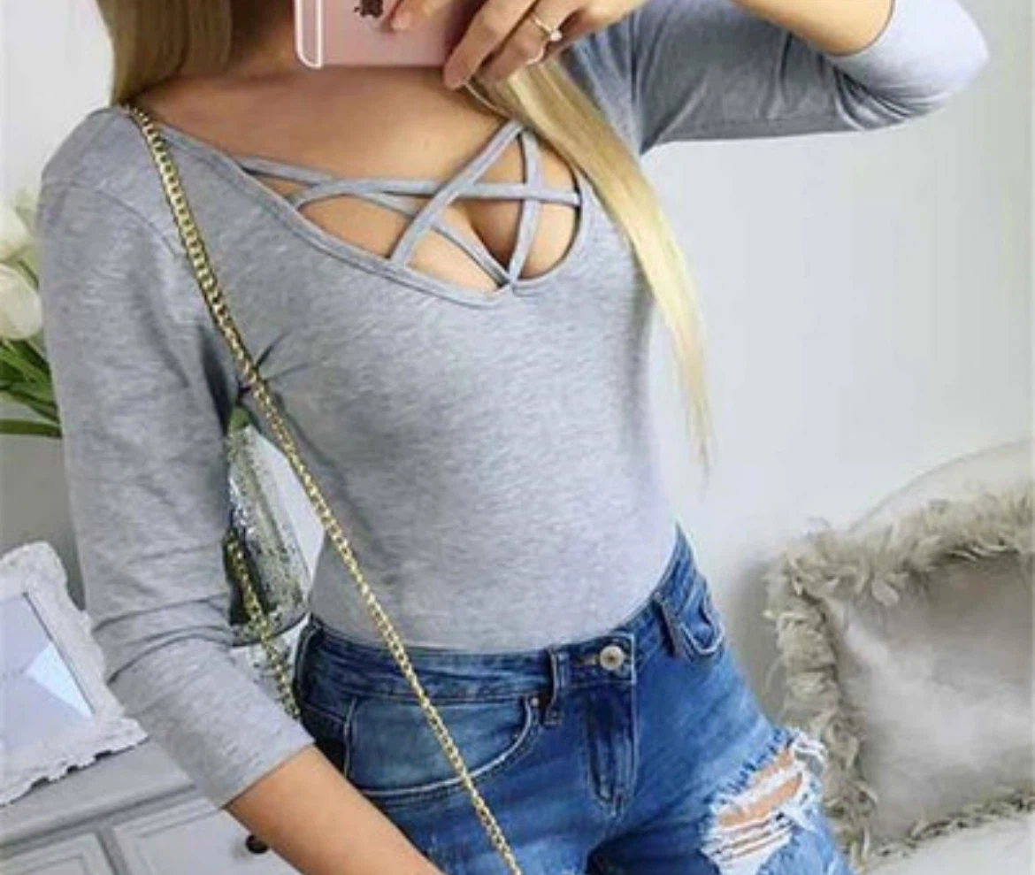 Grey long sleeve criss-cross neckline bodysuit - photo 2