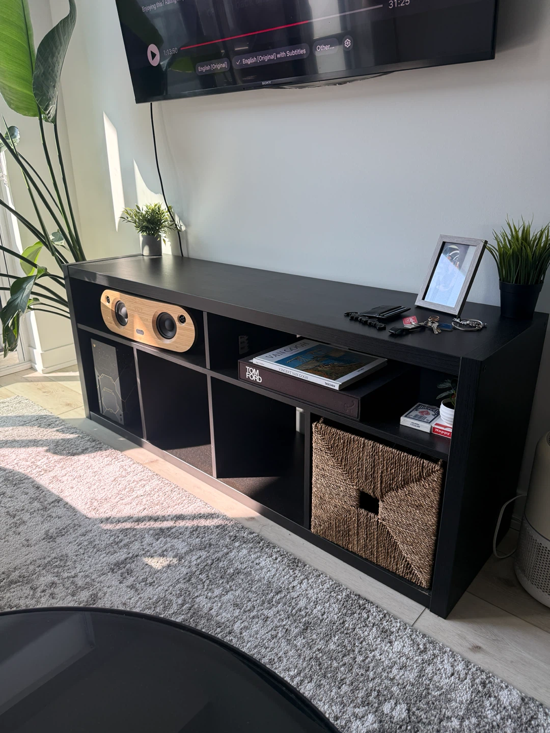 Black Media Console with Storage Shelves