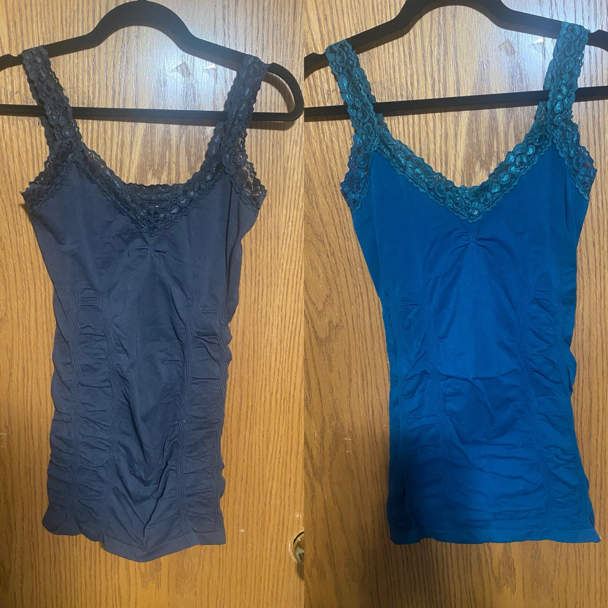 Two Women's Lace-Trim Tank Top in charcoal gray and teal