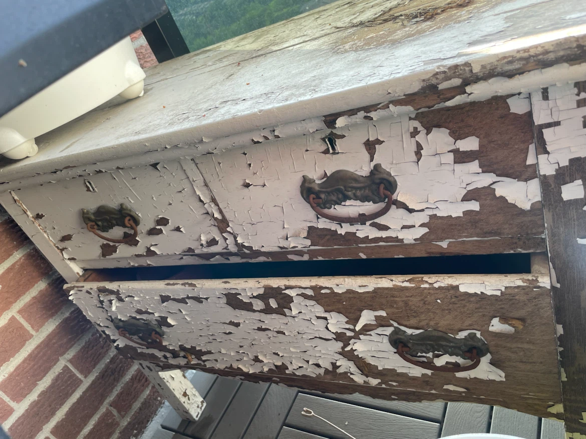 Vintage Two-Drawer Table with Chipped White Paint