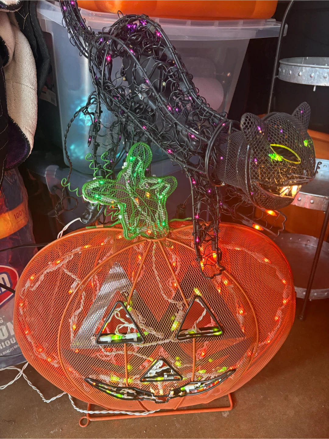 Animated Lighted Cat on Pumpkin Halloween Decoration