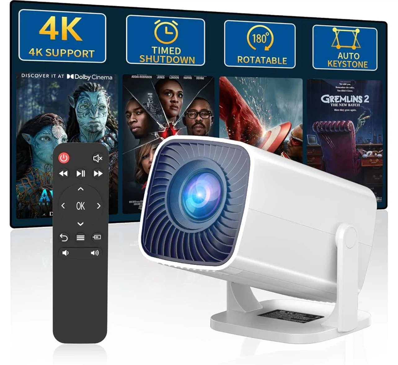 White Portable MINI Projector 4K with Remote