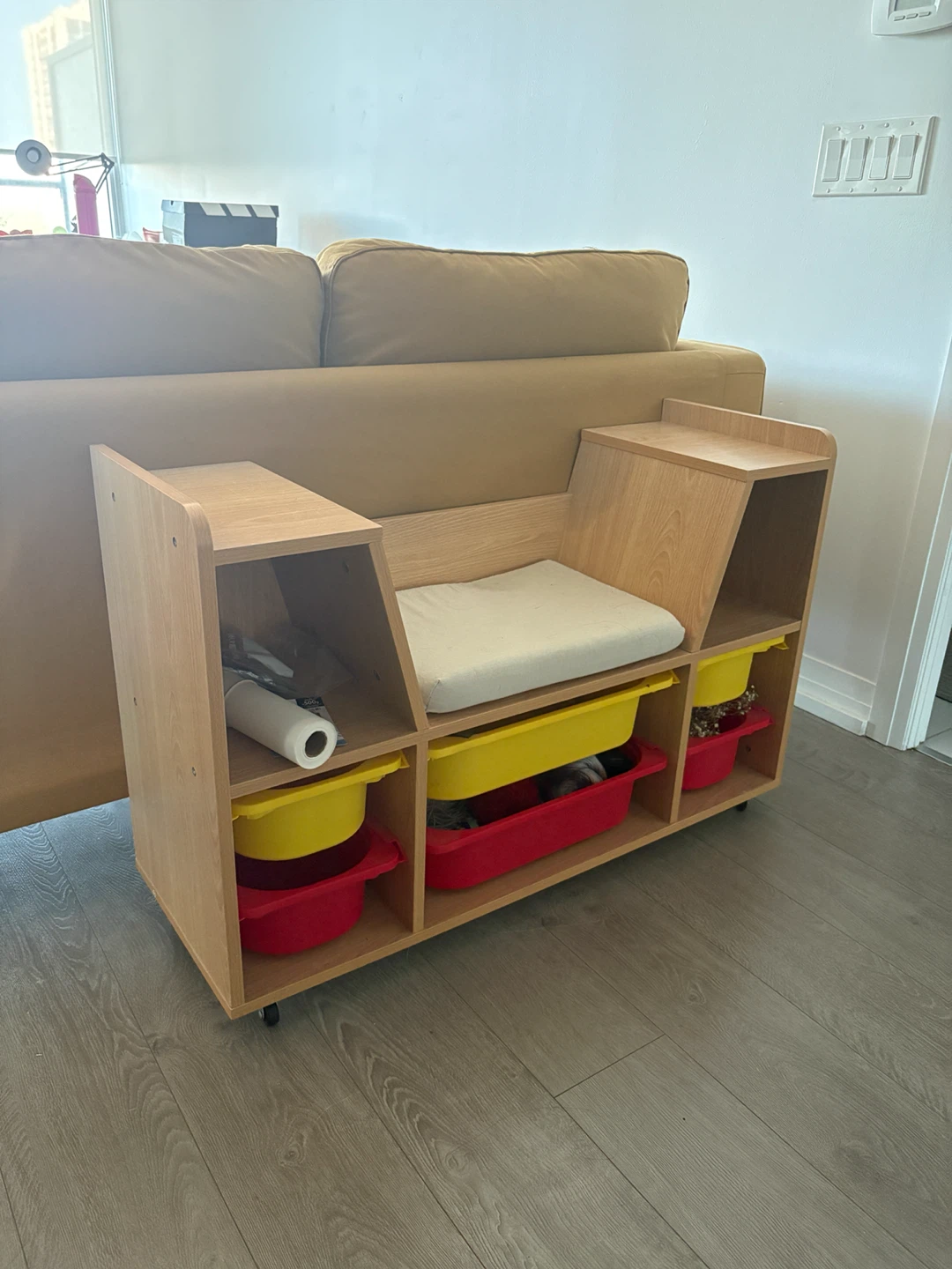 Wooden Toy Storage Bench with Cushion and Bins