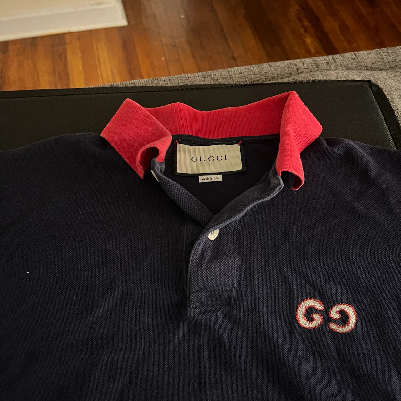 Gucci Navy Polo Shirt with Red Collar