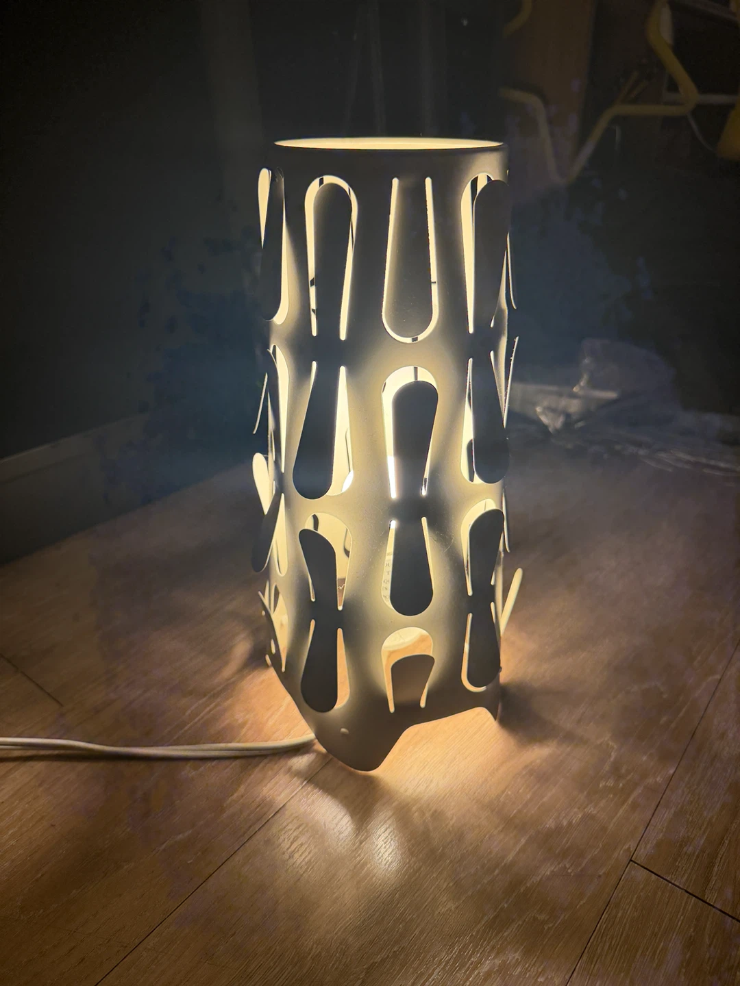 White Cylindrical Table Lamp with Cutout Design