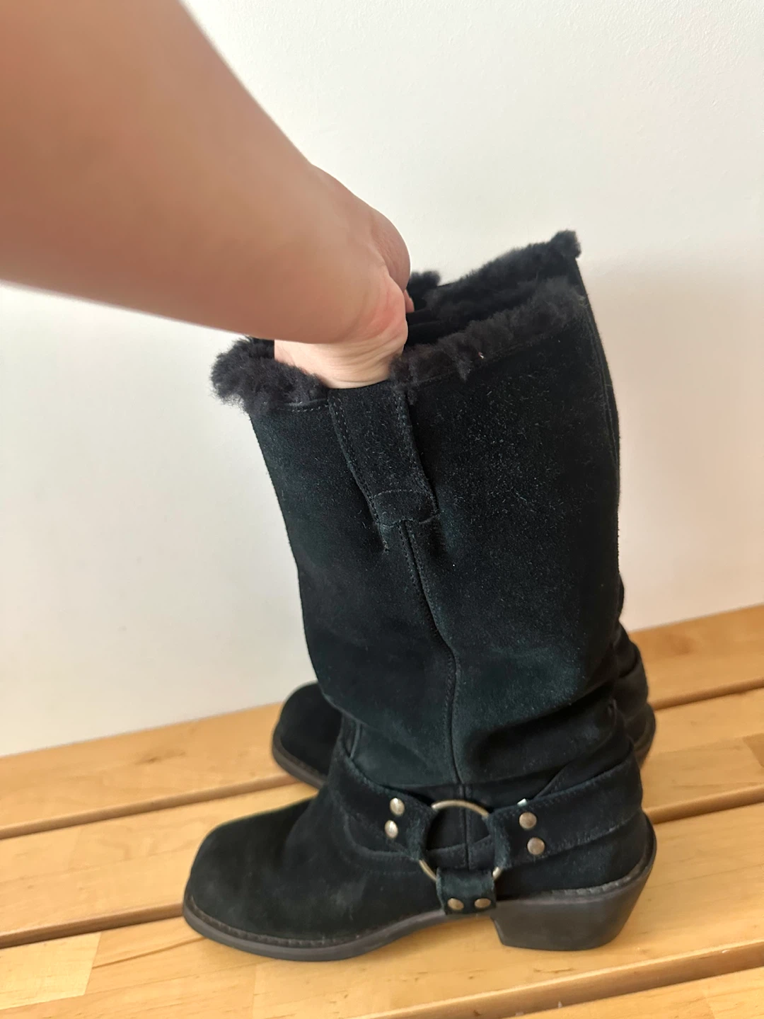 black wedge boots with buckle design