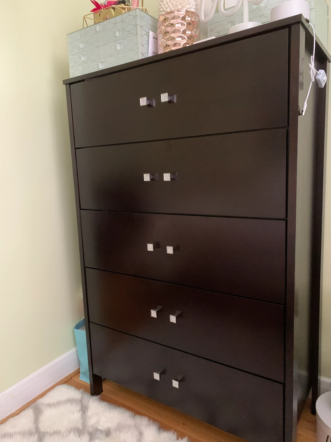Dark Brown 5-Drawer Dresser with Crystal Handles