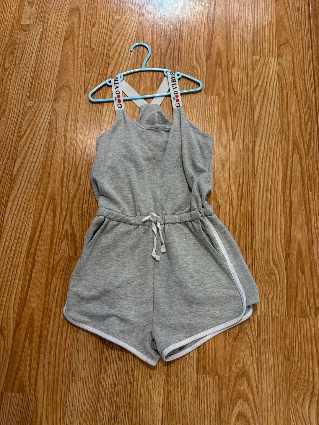 Grey Romper with "Good Vibes" Straps