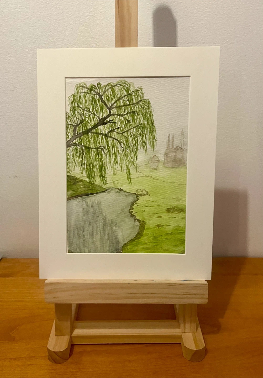 5x7 watercolour painting of a willow tree and landscape