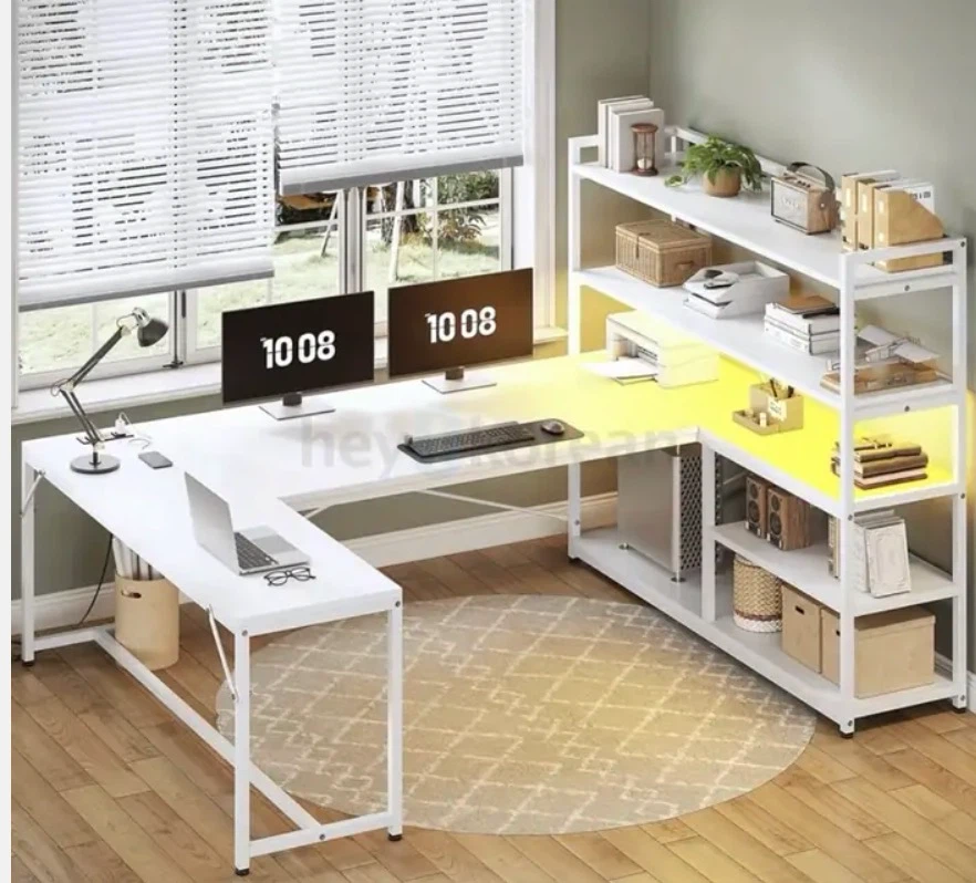 White L-Shaped Desk with Shelving and Built-in Outlets