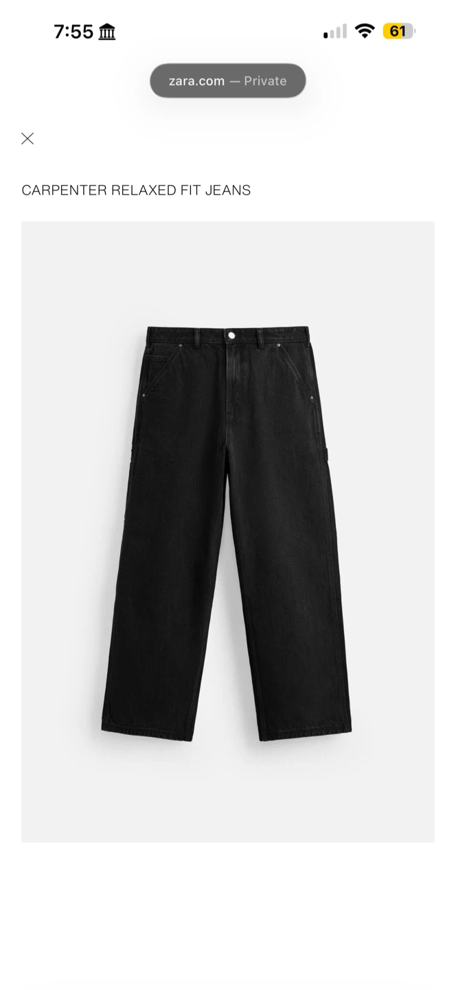 Zara Carpenter Relaxed Fit Jeans - Black size 30 Men