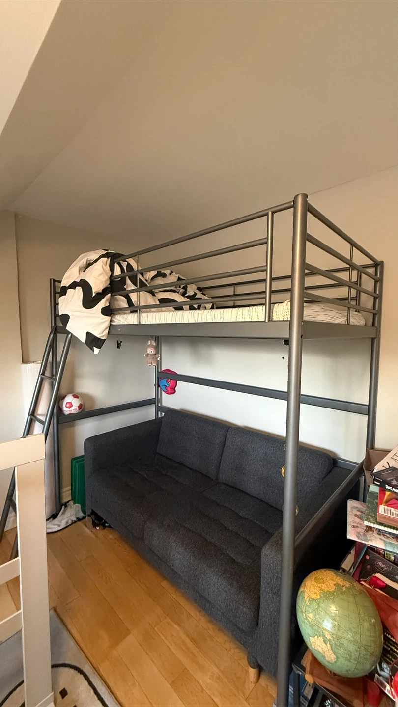 Grey Metal Loft Bed with Sofa - Twin Size