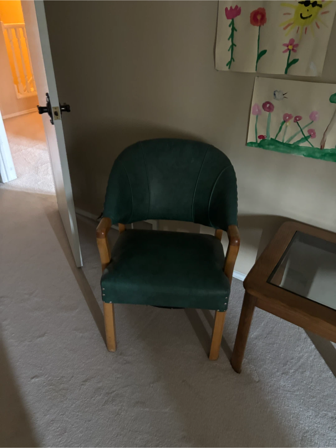 Green Accent Chair with Wooden Arms