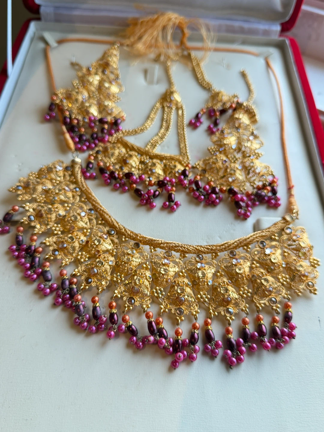 Gold Necklace and Earrings Set with Pink and Purple Beads