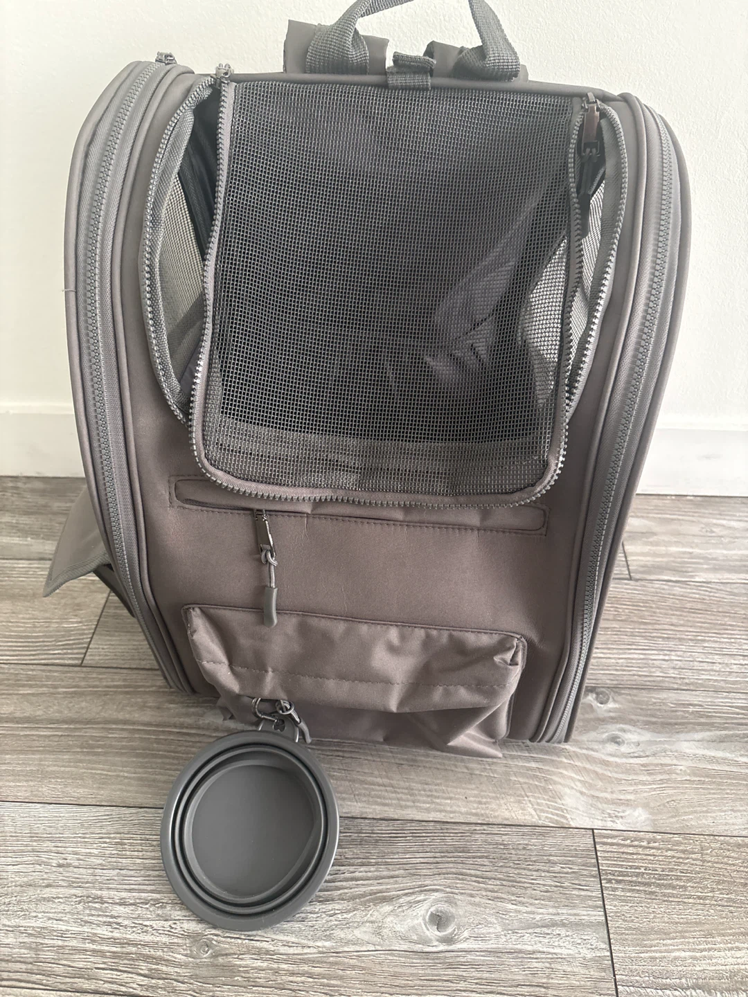 Gray Pet Carrier Backpack with Collapsible Bowl
